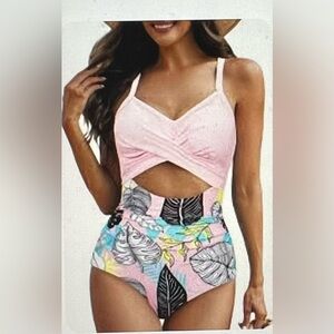 Women's Wrap Cut Out One Piece Swimsuit - Pink Floral Size M NWT